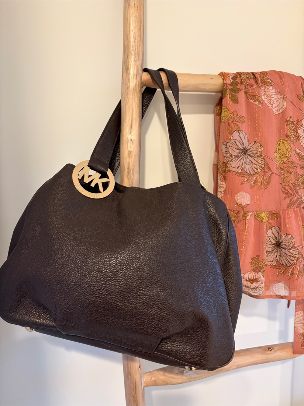 Michael Kors Dark Brown Pebbled Leather Tote with Gold MK Charm